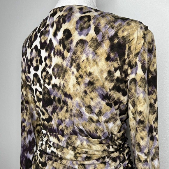 LAUREN Ralph Lauren Brown & Purple Leopard V-Neck 3/4 Sleeve Ruched Dress Sz 10 - Picture 7 of 11